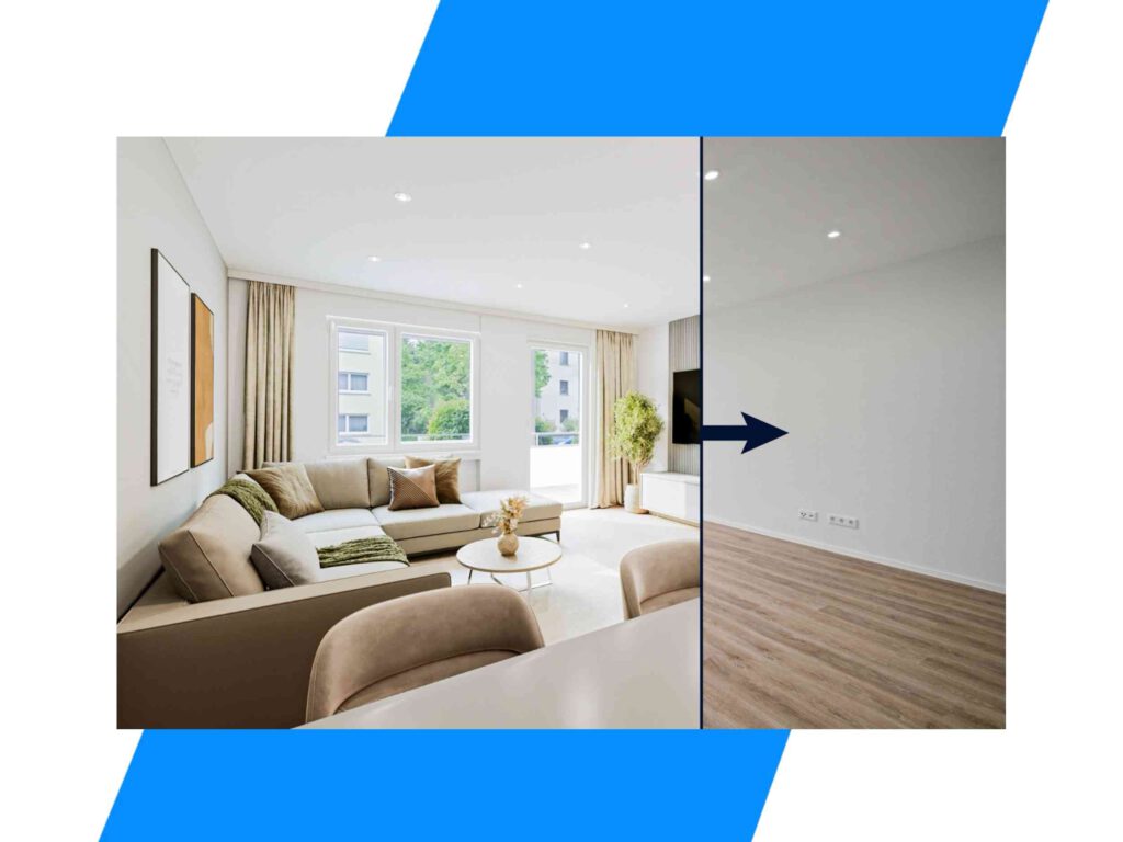Vorher- und Nachherbild eines virtuellen Home Staging